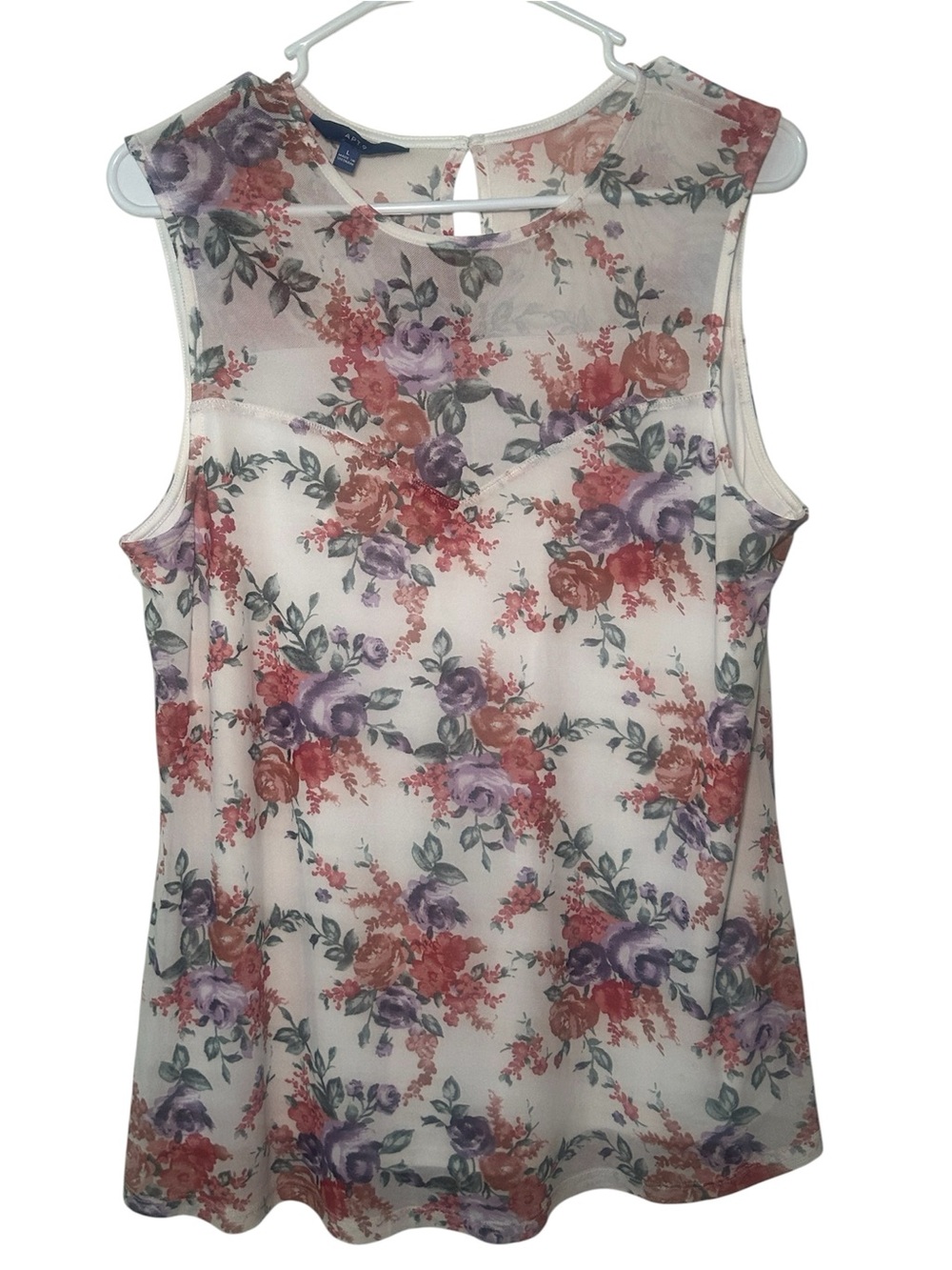 APT.9 Floral Sleeveless Mesh Top White Pink Purple Flowers Sheer light Casual